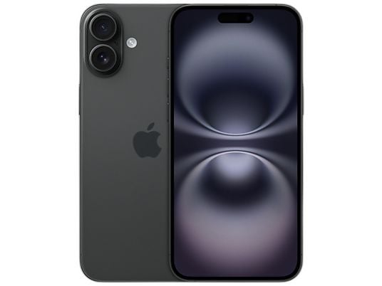 Black Apple iPhone 16 Plus with 128 GB, 5G, and 6.7" OLED Super Retina XDR display, showing sleek design and features.
